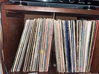 Photo of the full collection of vinyl LPs standing vertically in a wooden cabinet, showing album spines and some covers.