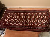Full view of the rectangular area rug laid on a wooden floor showing the main geometric pattern and size.