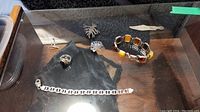 Overview of the lot showing rings, bracelets, brooches, and a decorative utensil on a black tray