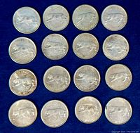 Top view showing all 16 silver quarter dollar coins laid out on a dark blue fabric background, displaying the cougar design.