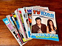 Photo showing the full set of about 15 vintage Elvis Presley fan magazines fanned out on a wooden surface.