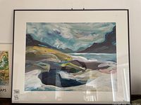 Full front view of framed acrylic painting on wall