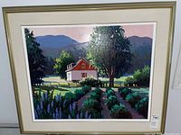 Full view of framed oil painting showing countryside scene and frame