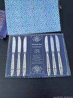 Photo of the 6 piece International Silver Gourmet Hostess knife set in original plastic packaging with insert card
