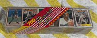 Front view of the tightly packed box of 750 baseball cards in plastic storage box with a red patriotic cardboard sleeve.