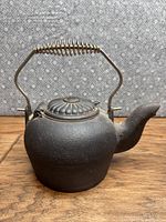 Front left side view of black cast iron kettle on wood surface with patterned background, showing kettle body, coiled metal handle, and floral patterned lid.