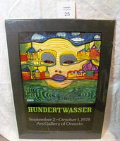 Front view of the Hundertwasser Yellow Head 1978 AGO framed poster showing vibrant artwork on black mount board.