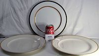 Three porcelain charger plates or serving trays, 12-inch diameter, two plates of one design and one of a different design, with gold and black trim details displayed with a soda can for scale.