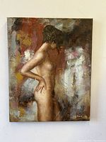 Front view of the oil painting showing a nude woman in profile with abstract background.