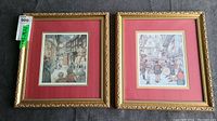 Two framed Victorian Christmas prints shown side by side, each in an ornate gold frame with red matting.