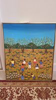 Full view of original Brazilian folk art painting showing children playing in a vibrant sunflower field.