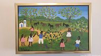 Full view of the framed small oil painting showing the rural folk art scene with children, animals, trees, and a church in the background.