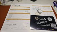 Photo of the GRA grading report and the moissanite ring with GRA authenticity card.