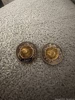 Two Canadian $2 bimetallic coins on cloth surface, showing the commemorative frog side.