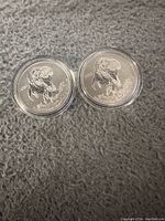 Two silver coins with a T-Rex design visible on the front face, placed on a textured surface.