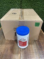 Photo of one tube of BioSan Wipes in front of unopened shipping box likely containing 12 tubes.