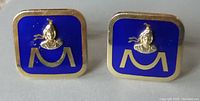 Front view of the two square-shaped cufflinks with blue enamel and gold tone Scottish emblem.