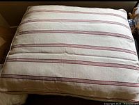 Top angle photo of large rectangular pet bed showing horizontal red stripes on beige cotton fabric and cushioned thickness.