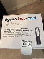 Front of box showing Dyson hot+cool Jet Focus branding and model details