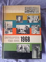 Front cover of Encyclopedia Year Book 1968 showing color-block design with multiple black and white photos depicting various events and individuals from 1968.
