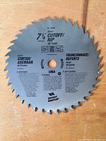 Photo of XTEND steel circular saw blade showing 7 1/4 inch size, 40 teeth, cutoff/rip function, max 7900 RPM, made in USA.