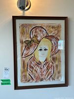 Francois Paris original signed mixed media artwork in wood frame hanging on wall with measurement tag.
