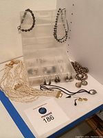 Photo showing assorted jewelry including beaded bracelets hanging on plastic storage case, pearl-like multi-strand necklace, earrings, rings, and pendant on black cord.