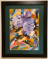 Frontal photo of the framed abstract floral painting showing full artwork, frame, and matte.