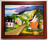 Frontal view of entire painting and frame hanging on wall