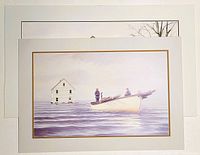 Photo showing the Ted Stuckless lithographic print titled 'To Greener Pastures', featuring a small boat with people and a house in the water, matted with white and gold border