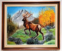 Full view of the oil painting showing the elk standing in nature with mountains and yellow trees, signed lower right, framed in vintage wood frame