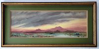 Frontal view of framed watercolour landscape painting showing signed artwork and vintage wooden frame.