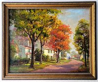 Head-on view of framed painting showing full artwork and frame