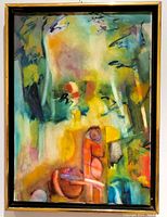 Front view of abstract oil painting in gold-trimmed float wood frame