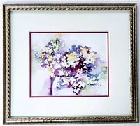 Framed watercolour painting showing full artwork and vintage wood frame with detailed carving.