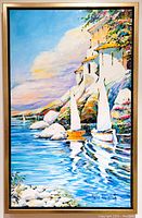 Frontal view of the framed painting showing overall composition and colours