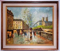 Full frontal view of the framed oil painting showing Parisian street scene and wood frame