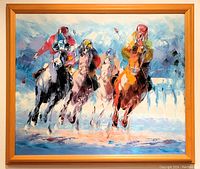 Front view of the framed oil painting depicting jockeys on horses in motion with vivid colors and the artist's signature 'Tom' visible lower right.