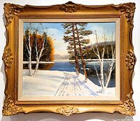 Frontal view of the framed winter landscape oil painting by C. Birch, showcasing the entire work and vintage frame.