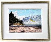 Front view of the framed original watercolour painting showing the lake, shore, and mountains with signature and date visible. Frame is vintage wood with minor wear.