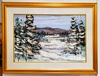 Framed oil painting showing full artwork and frame color with fabric matting.