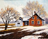 Close-up of the oil painting depicting a rural red house with snow and bare trees, signed by artist "P. Legault".
