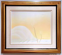 Frontal view of framed painting showing overall composition and color palette