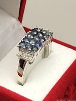 Close-up of silver ring showing rectangular cluster of 15 grey-blue sapphires and small clear stones on sides, in red velvet box with white interior.