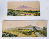 Overall view of both paintings on white background, showing their relative sizes and landscape subjects.