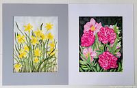 Both paintings side by side, showing yellow daffodils on left and pink flowers on right, matted on white background.