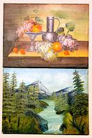 Photo showing both paintings together, the still life on top and the landscape below.