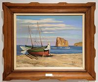 Frontal view of the framed oil painting showing the fishing boats on the shore and the rock formation in the sea, signed Roden.