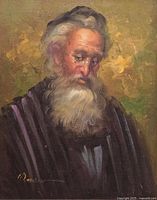 Close-up of the oil painting depicting a Jewish scholar's face and upper chest, showing detailed brush strokes and artist signature.