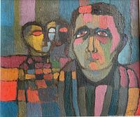 Close-up of central figures and paint texture showing bold color blocks and impasto